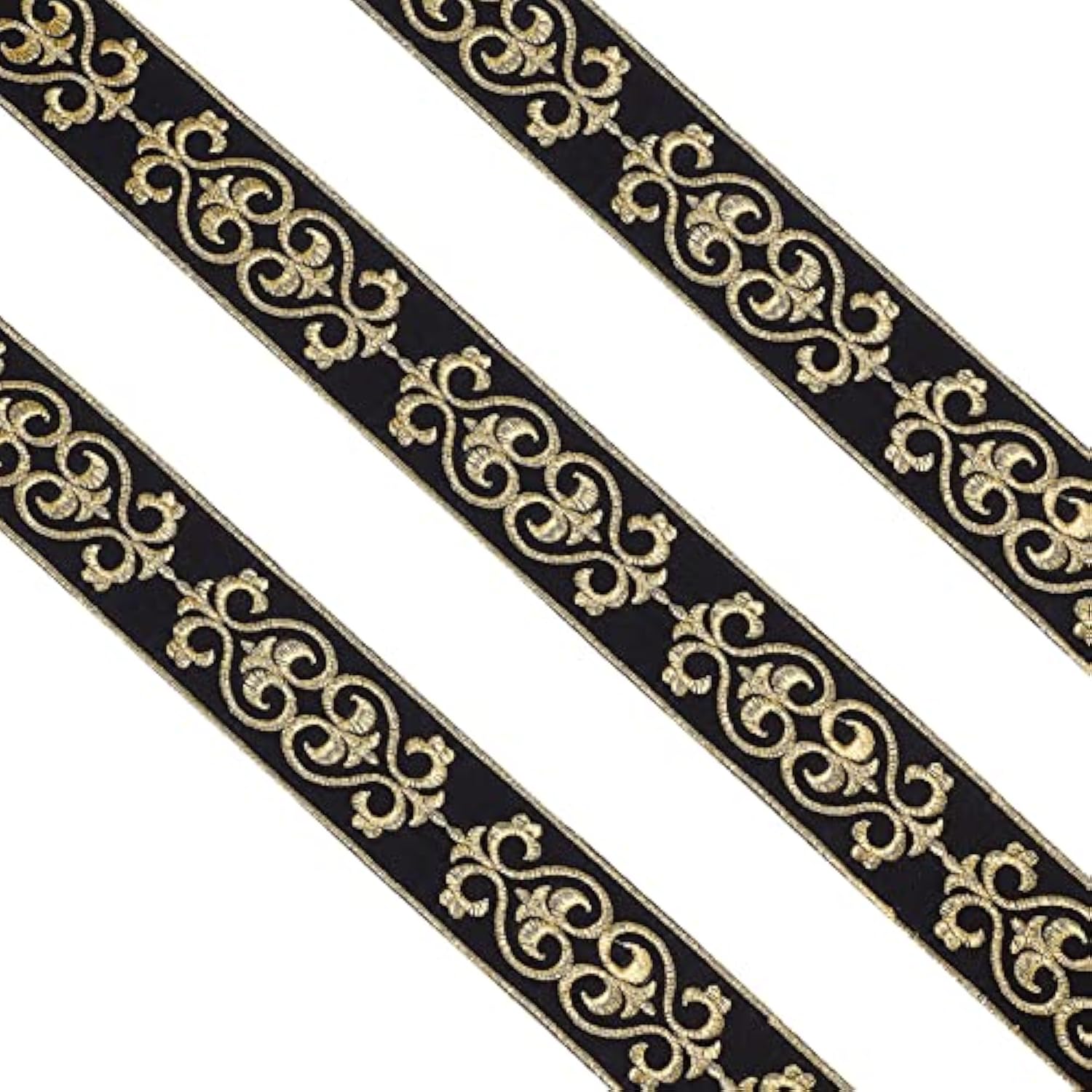 1.75 Inch Jacquard Ribbon, 4 Yards Hot Adhesive Floral Trim Black Gold
