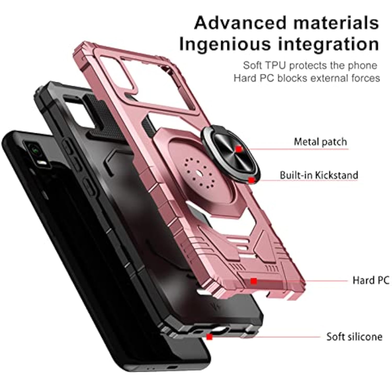 For Cricket Debut Smart Case 2022, With Screen Protector, Ring Kickstand For Magnetic Car Mount, Military Grade Protective, Heavy Duty Shockproof Phone Cover For Cricket Debut Smart-Rose Gold