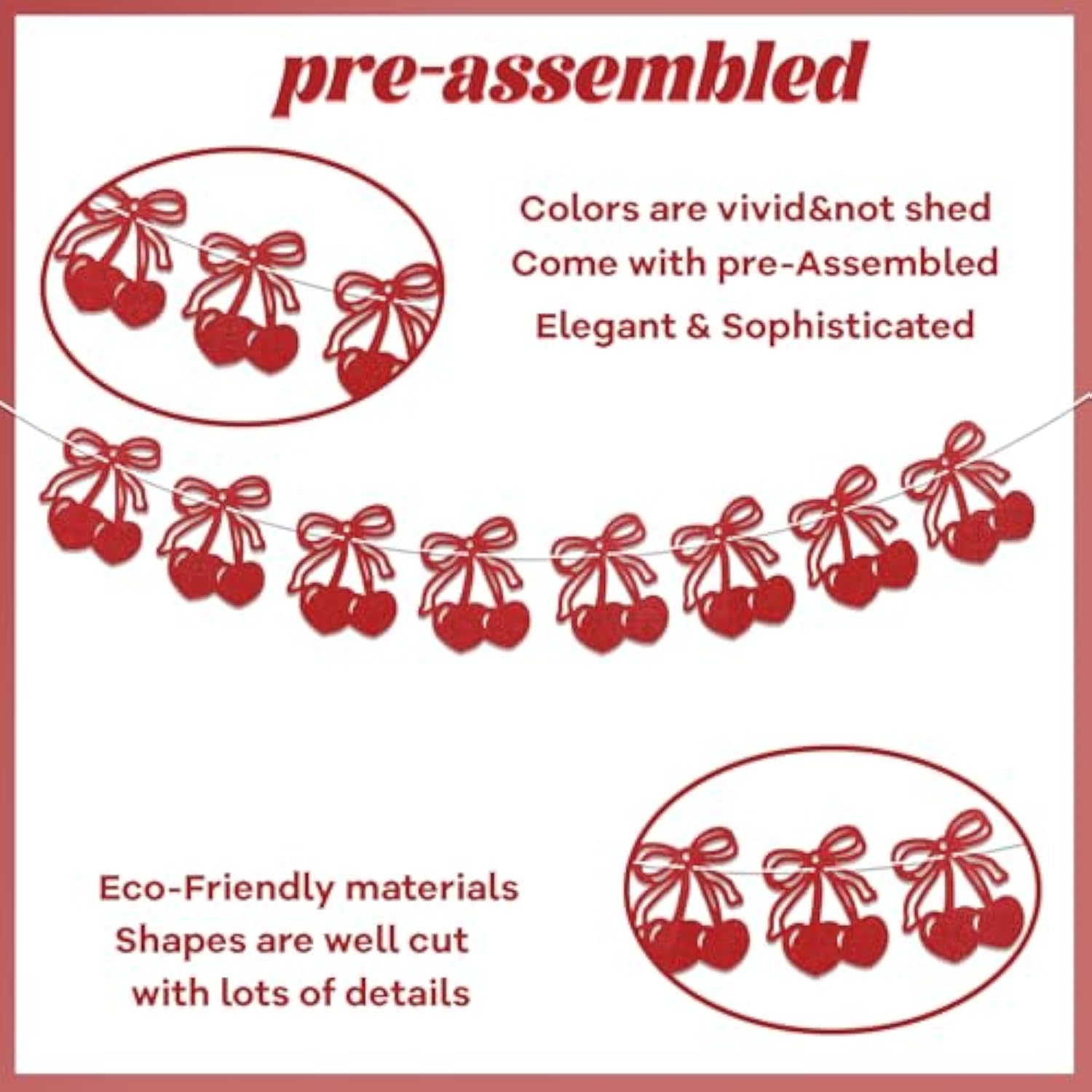 Cherry Banner - Cherry Fruit Hanging Decor, Cherry Theme Home Decor Banner Decoration For Christmas, Birthday, Bachelorette, Bridal Shower, Wedding Party Decorations Red Glitter