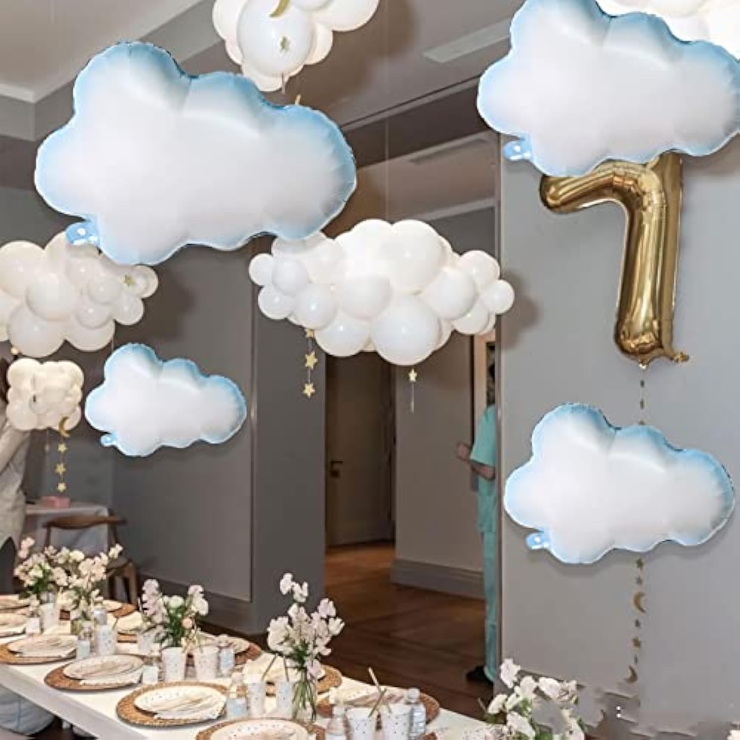 Large Cloud Mylar Balloons - Blue & White Party Decorations - Set of 8
