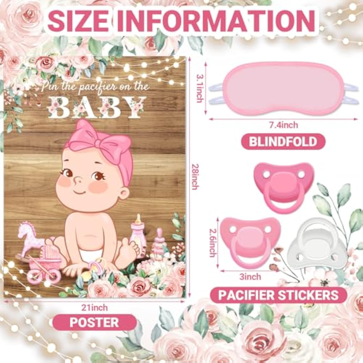 Pin The Pacifier Baby Shower Game Baby Shower Party Decorations Include Large Poster 24 Pacifier Stickers Blindfold Game Set For Birthday Party Decor Supplies(Country Girl)