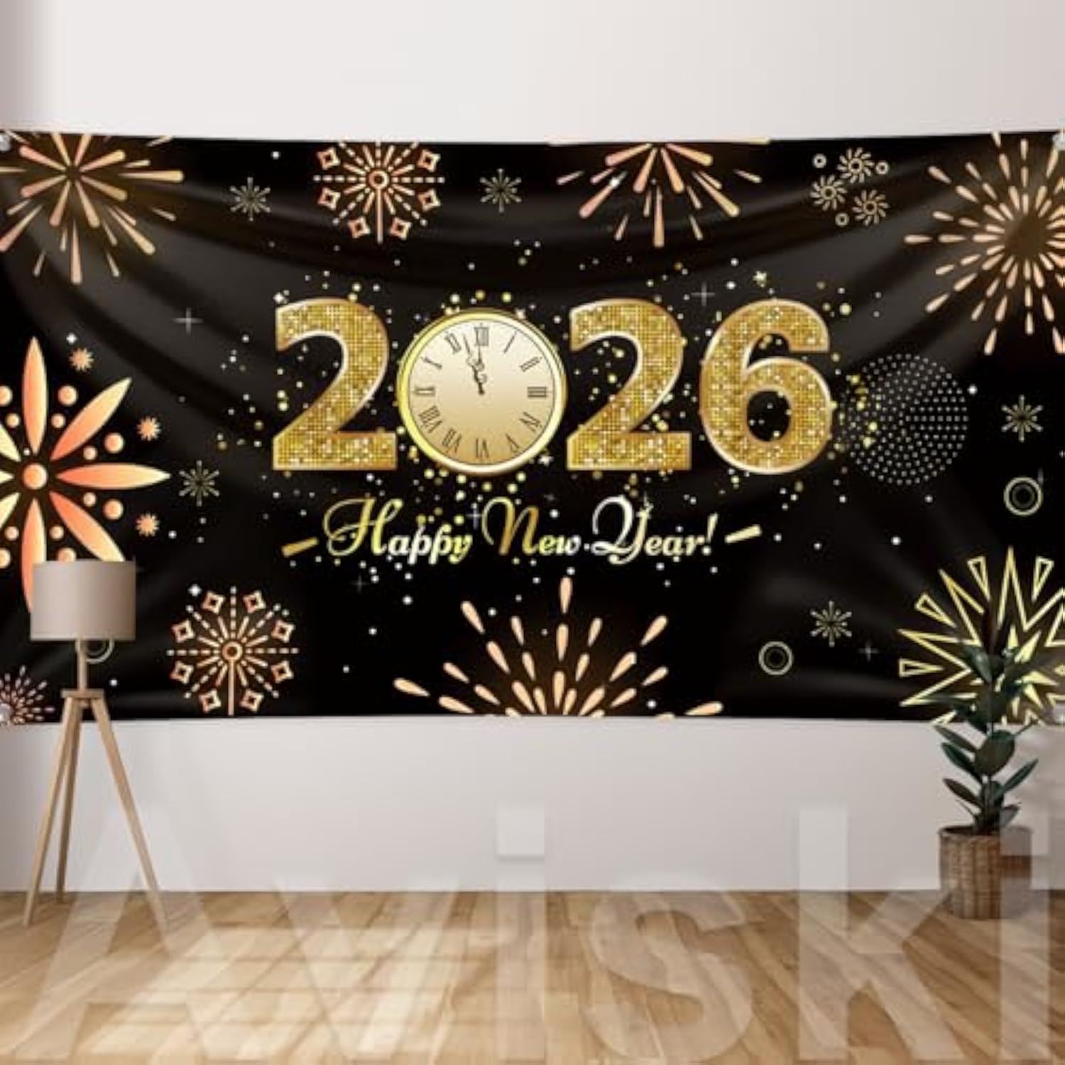 78x43 Inch Large "Happy New Year 2026" Backdrop Blue & Gold Party Banner