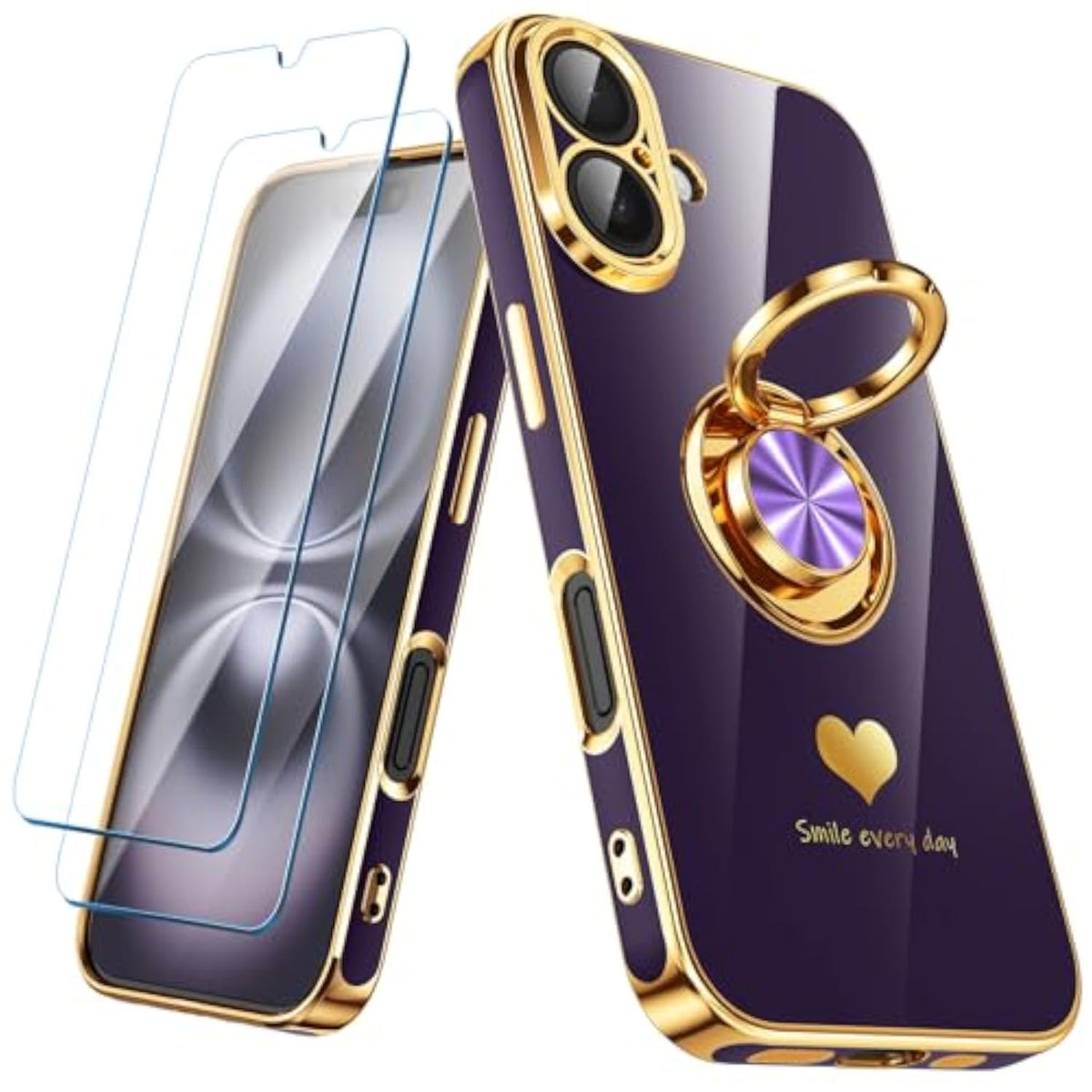 Luxury Gold Edge Slim Soft Phone Case for iPhone 16 - Purple, 2 Pack Screen Protector, 360° Rotatable Ring Holder, Hearts Pattern Plating Gold Edge Case