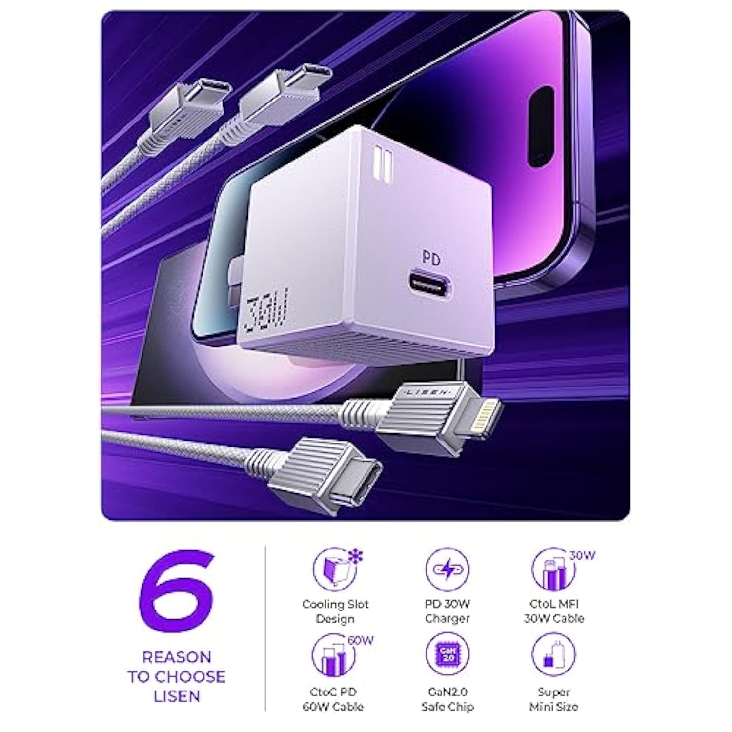 Usb C Wall Charger Block, 30W Gan Pd Fast Charger, Usb-C Charger Adapter With Usb C To Lighting For Iphone 14/13/12 Pro Max And Usb C To Usb C Cable For Ipad Pro