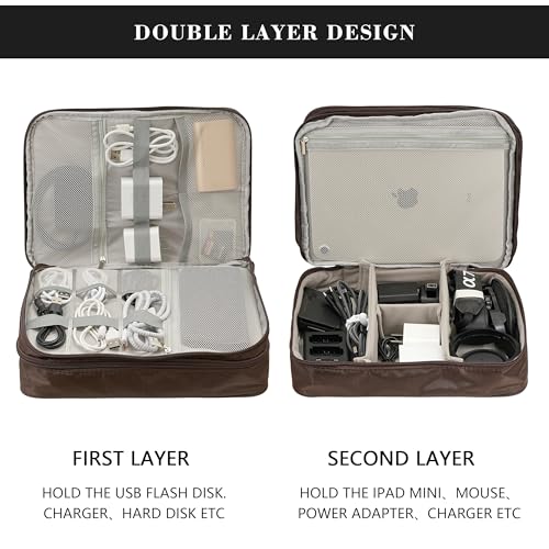 Electronics Accessories Organizer Bag, Waterproof Double Layertravel Cable Organizer Case For Cords, Charger, Power Bank,Hard Drive, Mouse -Shockproof Tech Storage Pouch (Classic-Two Layers-Brown)
