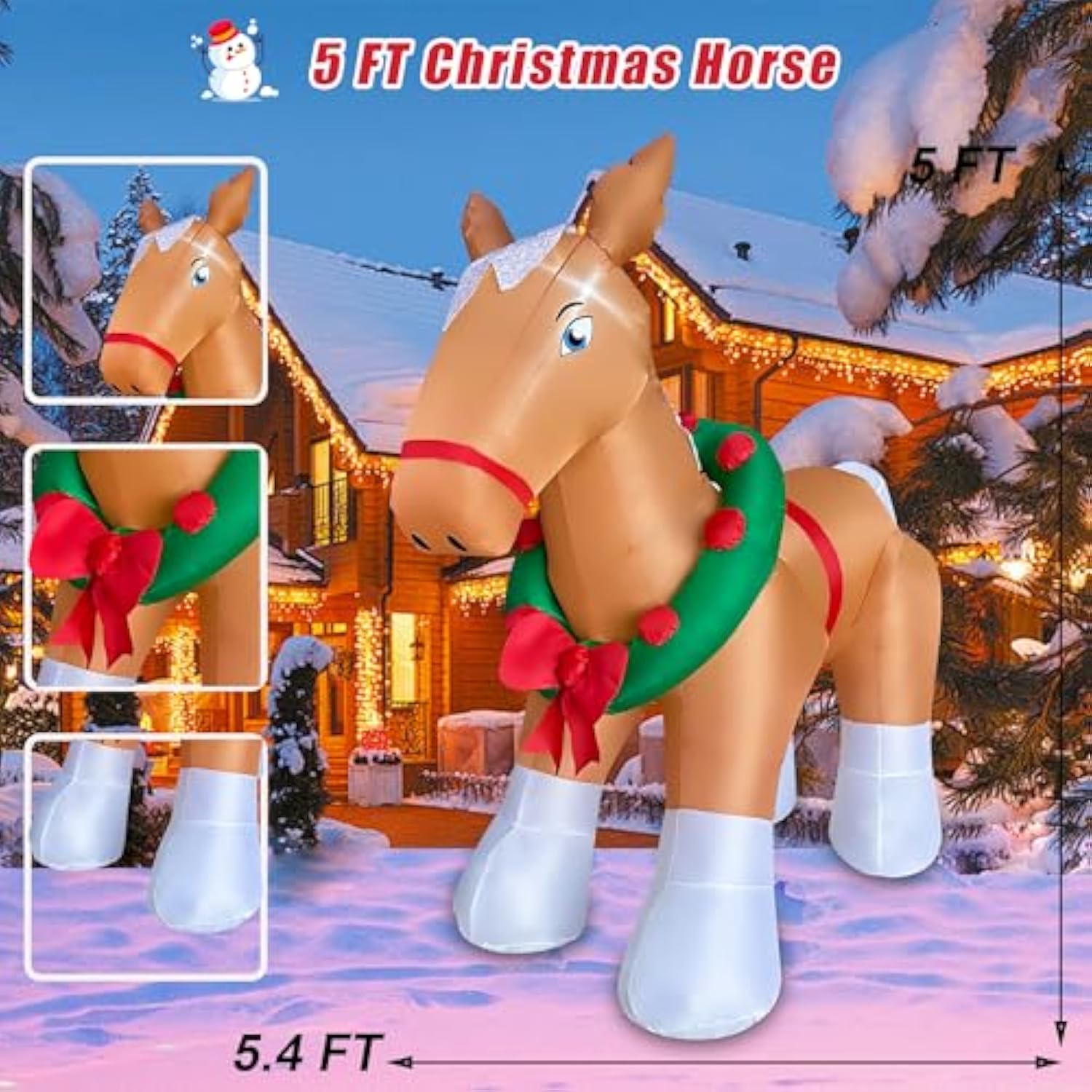 5 Ft Christmas Inflatable Horse Decoration, Led Lighted Xmas Horse Blow Up Decor For Farm Lawn Yard Garden Home Indoor O