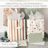 Beautiful Gift Bags Set Of 4 - Medium Sized 9" Bags With Handles Incl. Matching Tissue Paper, Cards & Small Stickers - Reusable & For Presents Of Any Birthday, Weddings, Mothers Day & Other Occasion