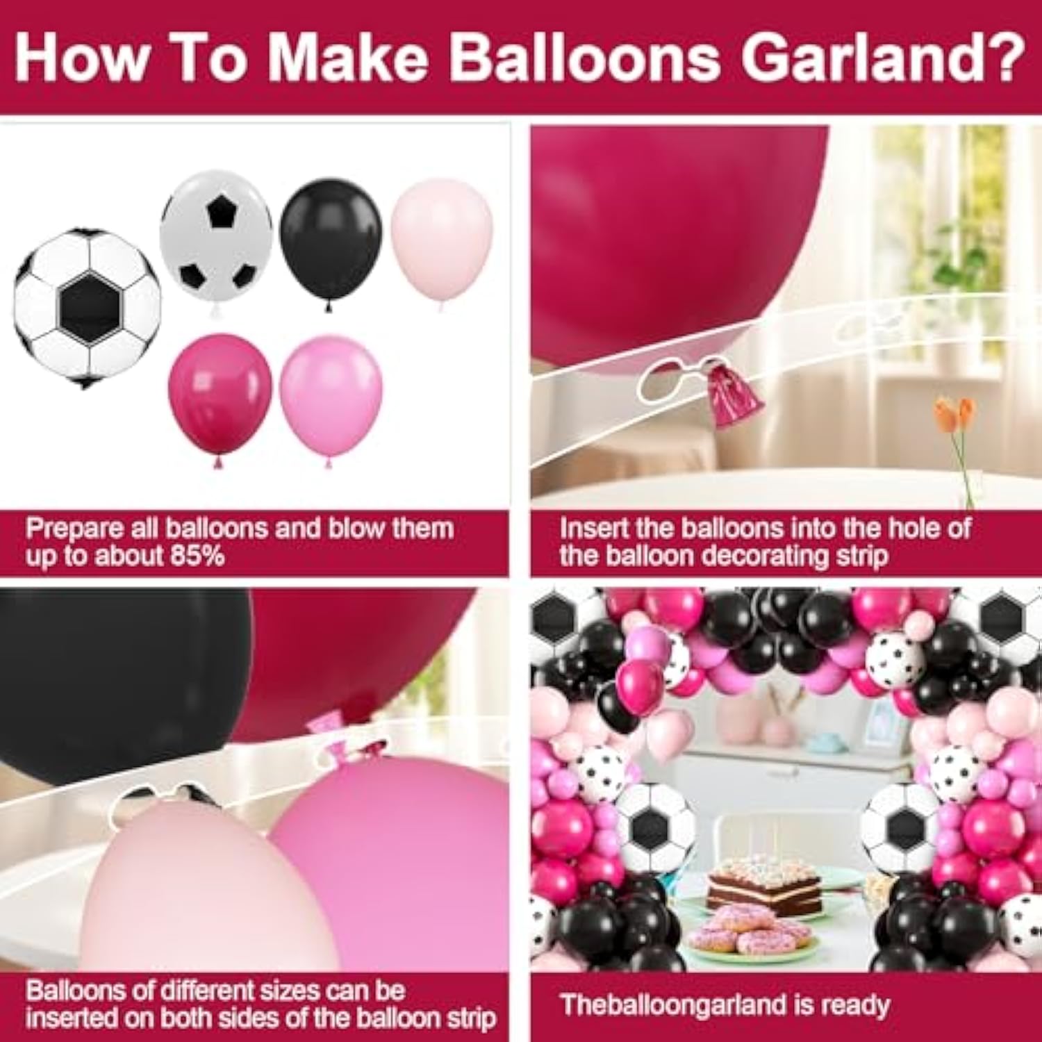 Soccer Party Balloon Garland Arch Kit, Black Hot Pink Decorations With Foil Balloon For Women Girls Kids Birthday Sports Theme, Football Party Decor Supplies
