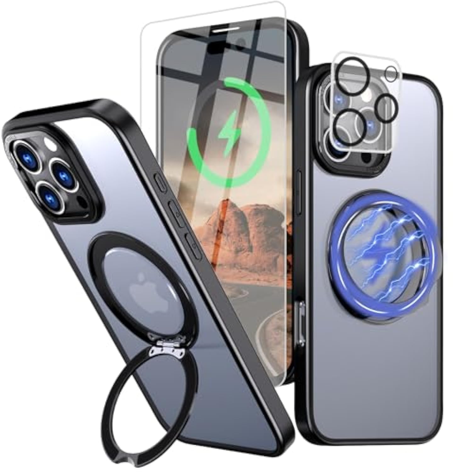 For Iphone 16 Pro Max Case With Screen Protector & Lens Protector [15 Ft Military Drop Protection] Magnetic Kickstand Compatible With Magsafe Slim Translucent Case (Black)