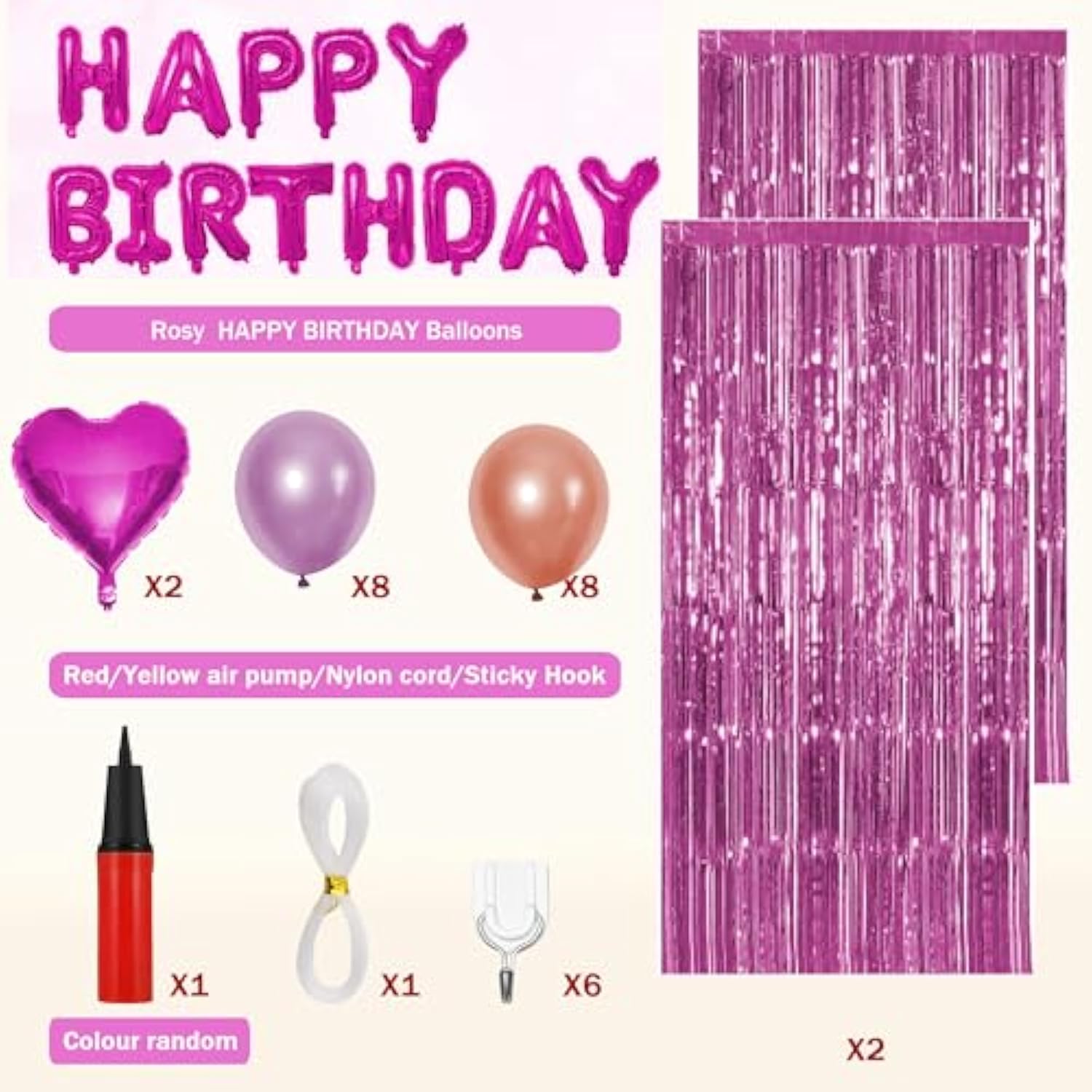 Balmylif Rose Gold Happy Birthday Party Decorations, Includes Happy Birthday Balloon Banner, 2 Foil Backdrops, 2 32-Inch Rosy Heart Balloons, Perfect For Birthdays, Valentine'S Day & Photo Backdrops