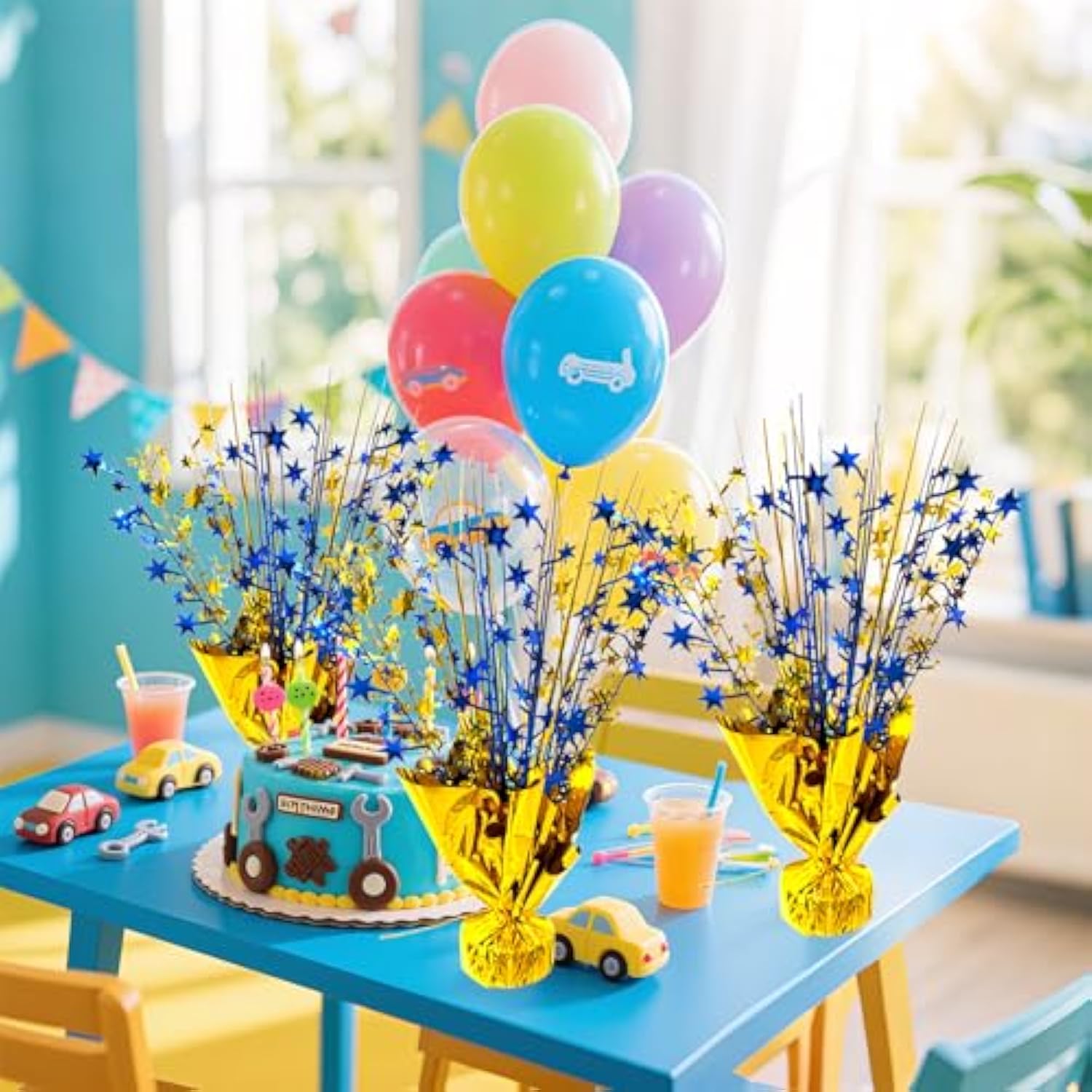 6 Pack 2025 Graduation Table Centerpiece Party Decoration Metallic Foil Spray Centerpiece Glitter Decor Star Tabletop For Graduation New Year Birthday Holiday Party Favor, Blue And Gold