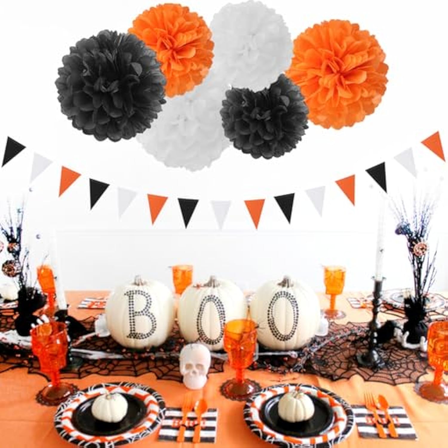 15Pcs Halloween Tissue Pom Poms and Paper Flowers – Orange, Black & White Party Hanging Decorations