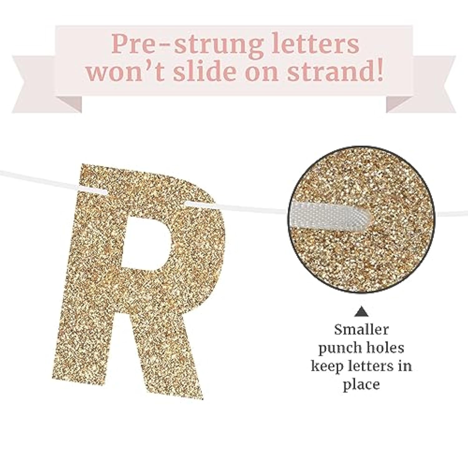 Pre-Strung Gold Glitter Happy Birthday Banner – No DIY Needed, 8ft Garland
