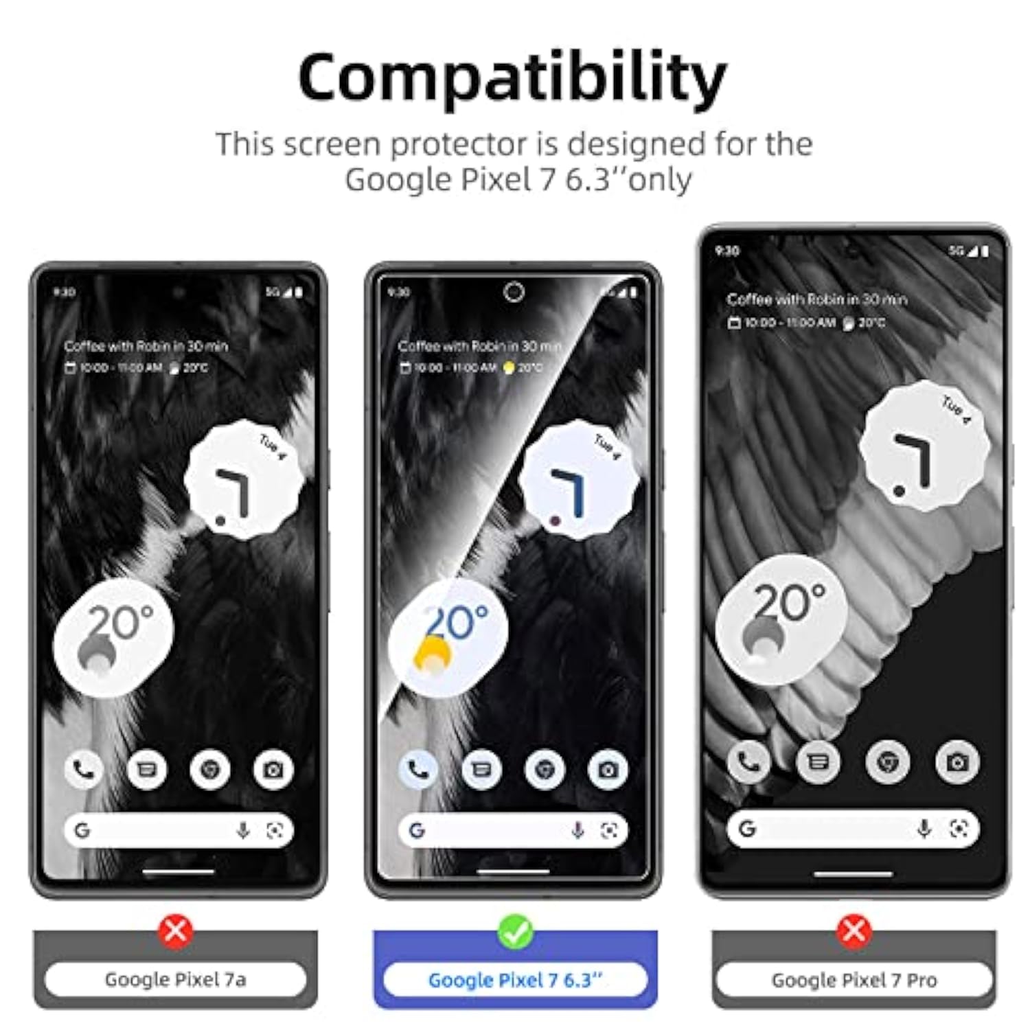 3-Pack Tempered Glass Screen Protector for Google Pixel 7 Case Friendly