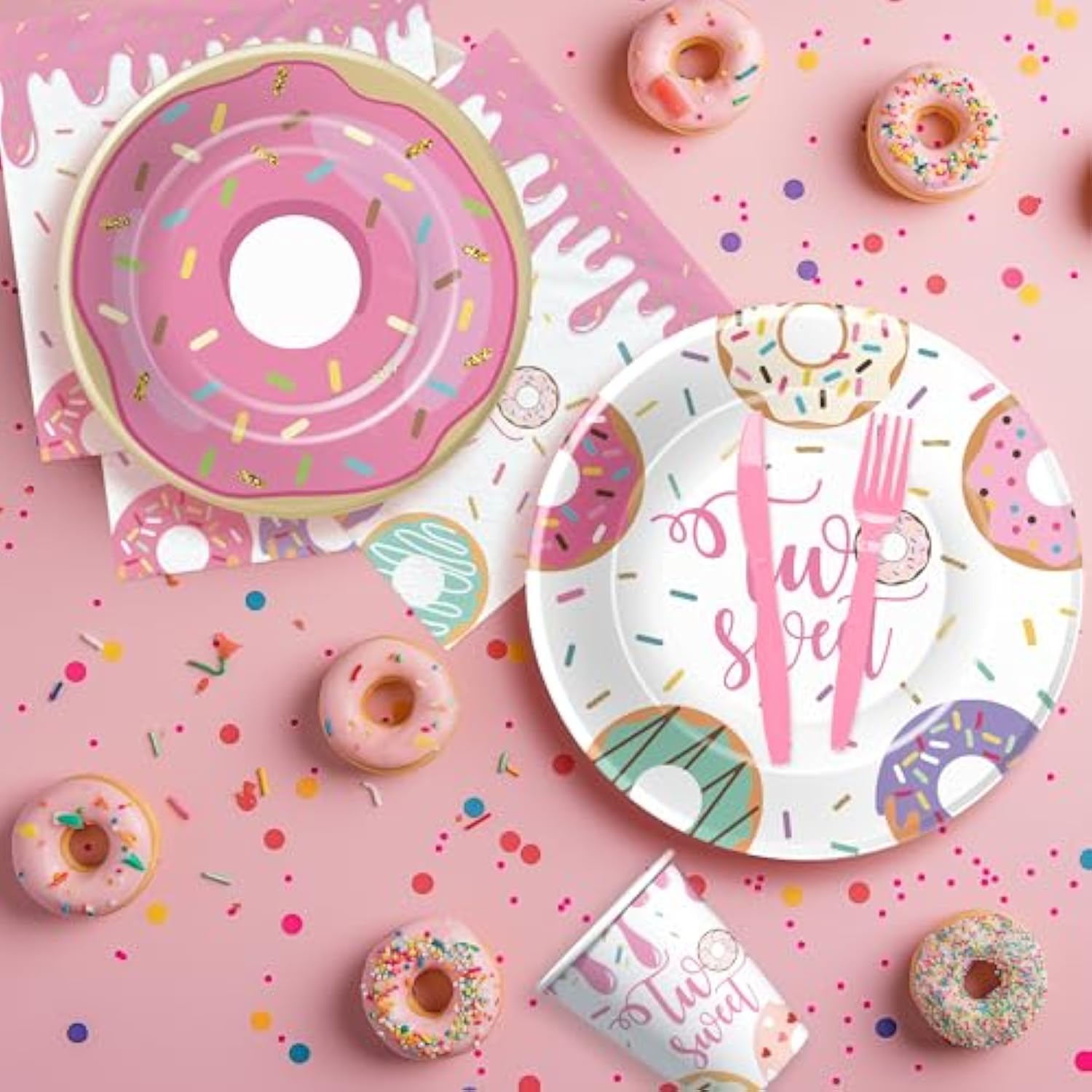 Donut Two Sweet Birthday Decorations Tableware Girl - Pink Donut 2Nd Birthday Party Supplies, Paper Plate, Cup, Napkin, Tablecloth, Disposable Cutlery | Serves 24