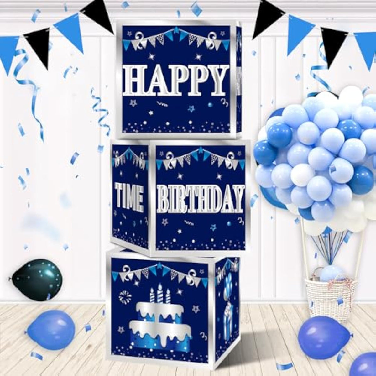 3 Packs Blue Birthday Decorations Boxes For Men Boys, Blue Silver Happy Birthday Balloons Boxes Party Supplies, 16Th 18Th 21St 30Th 40Th 50Th 60Th Bday Cardboard Box Decoration