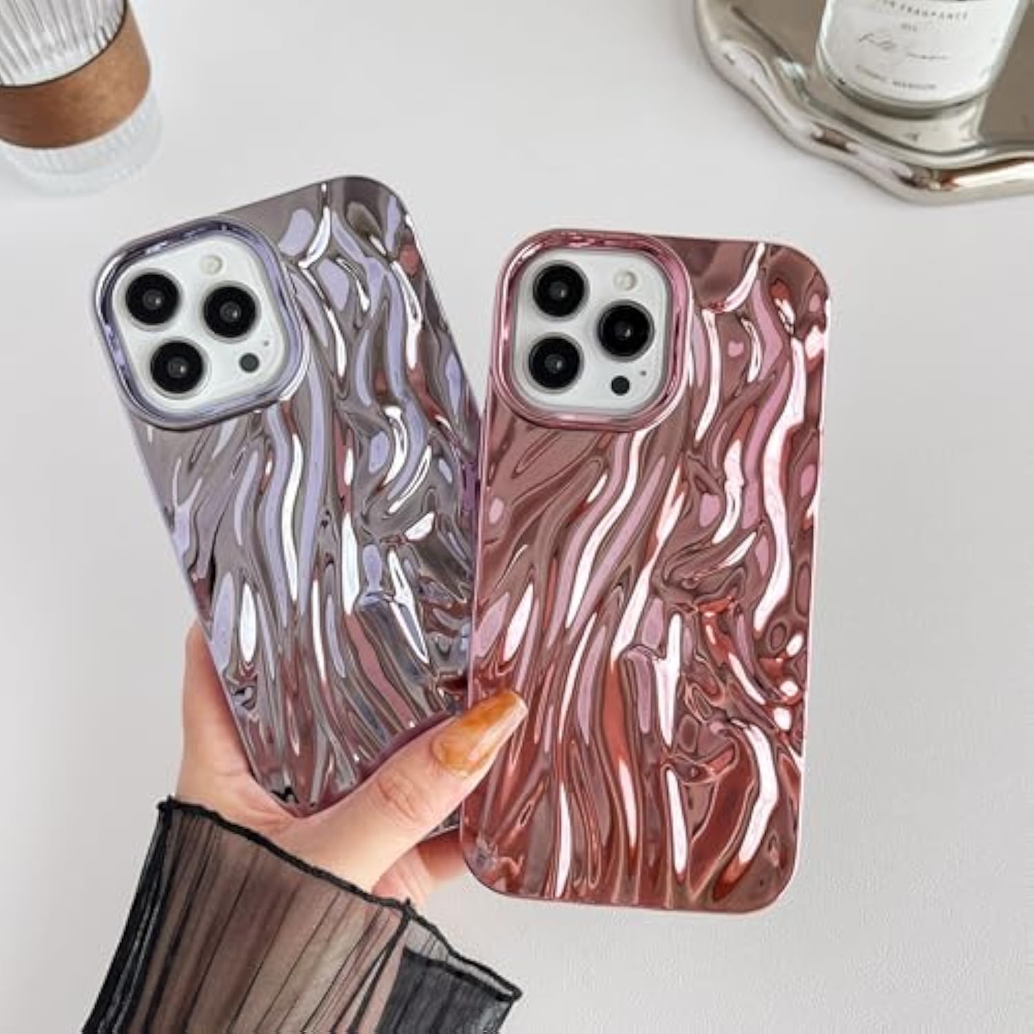 For Iphone 13 Pro Max Case,Pleated Water Ripple Chrome Wave Pattern Soft Phone Case (Gold)