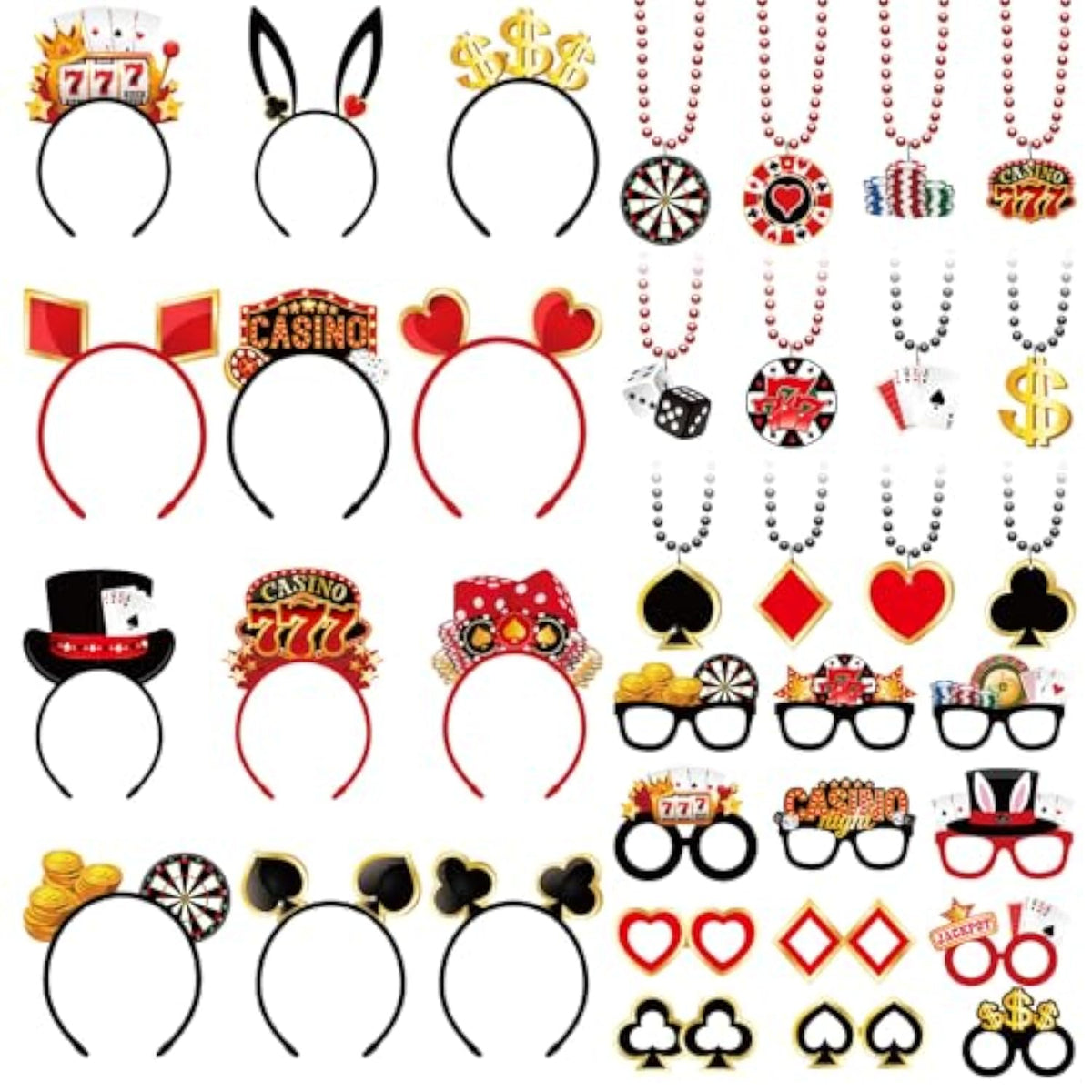36 Pcs Casino Night Party Favors Casino Theme Felt Headband Eyeglasses Beaded Necklaces Dice Dollar Sign Poker Party Decorations Accessories For Las Vegas Game Night Decor Photo Prop Supplies