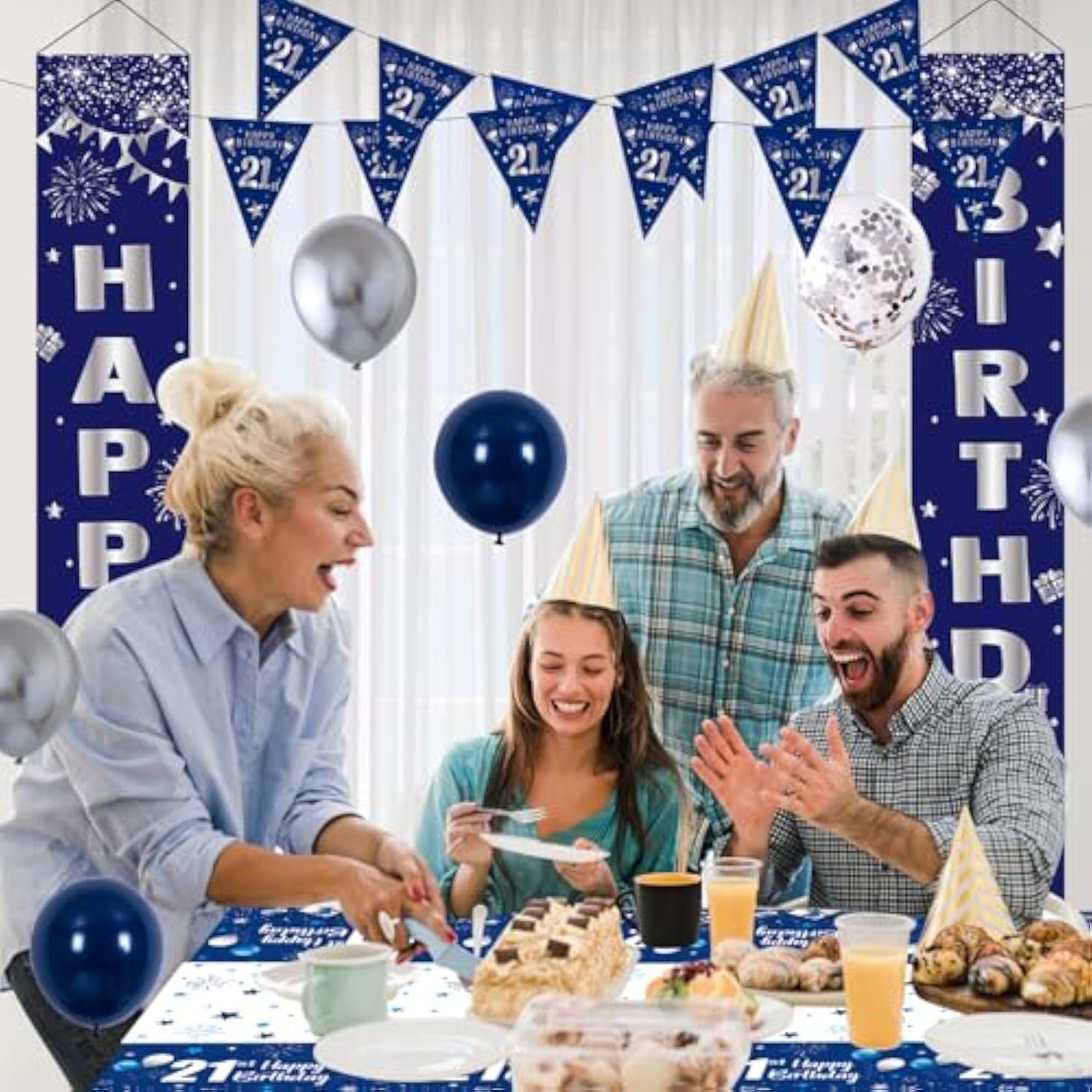 21St Birthday Decorations For Men And Women Blue, Happy 21St Birthday Door Backdrop Banner Balloons 21 Years Old Birthday Porch Sign Party Supplies With Latex Balloons Decor 21St Bday Boy Her Him