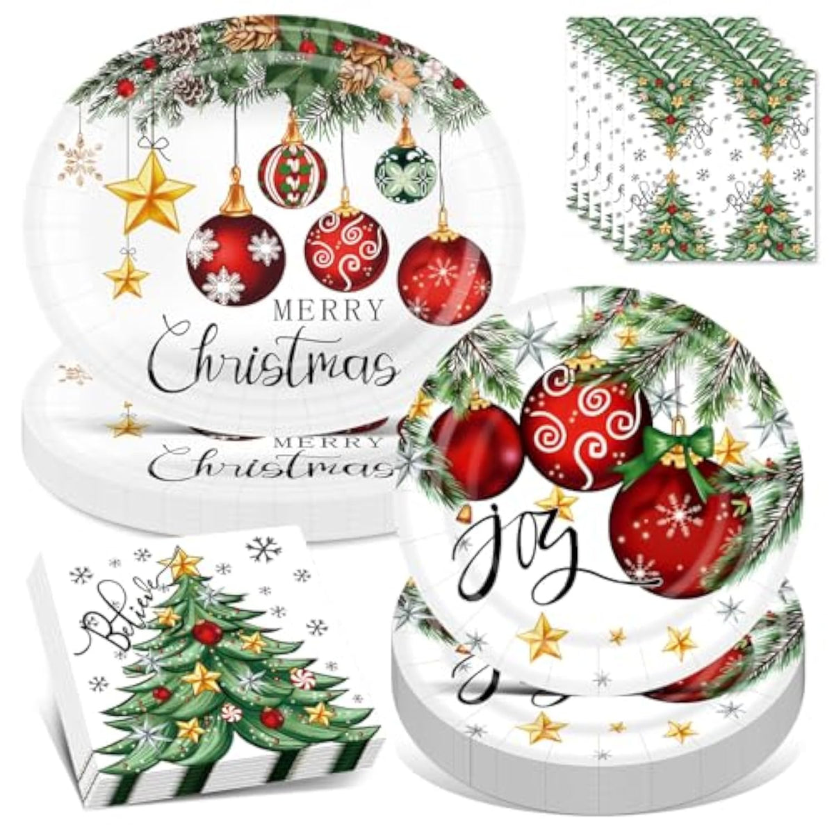 100Pcs Christmas Paper Plates And Napkins Set- (25 Guests) With 10 * 12 Inch Oval Plates And 9 Inch Round Paper Plate,Napkins For Christmas Party Supplies