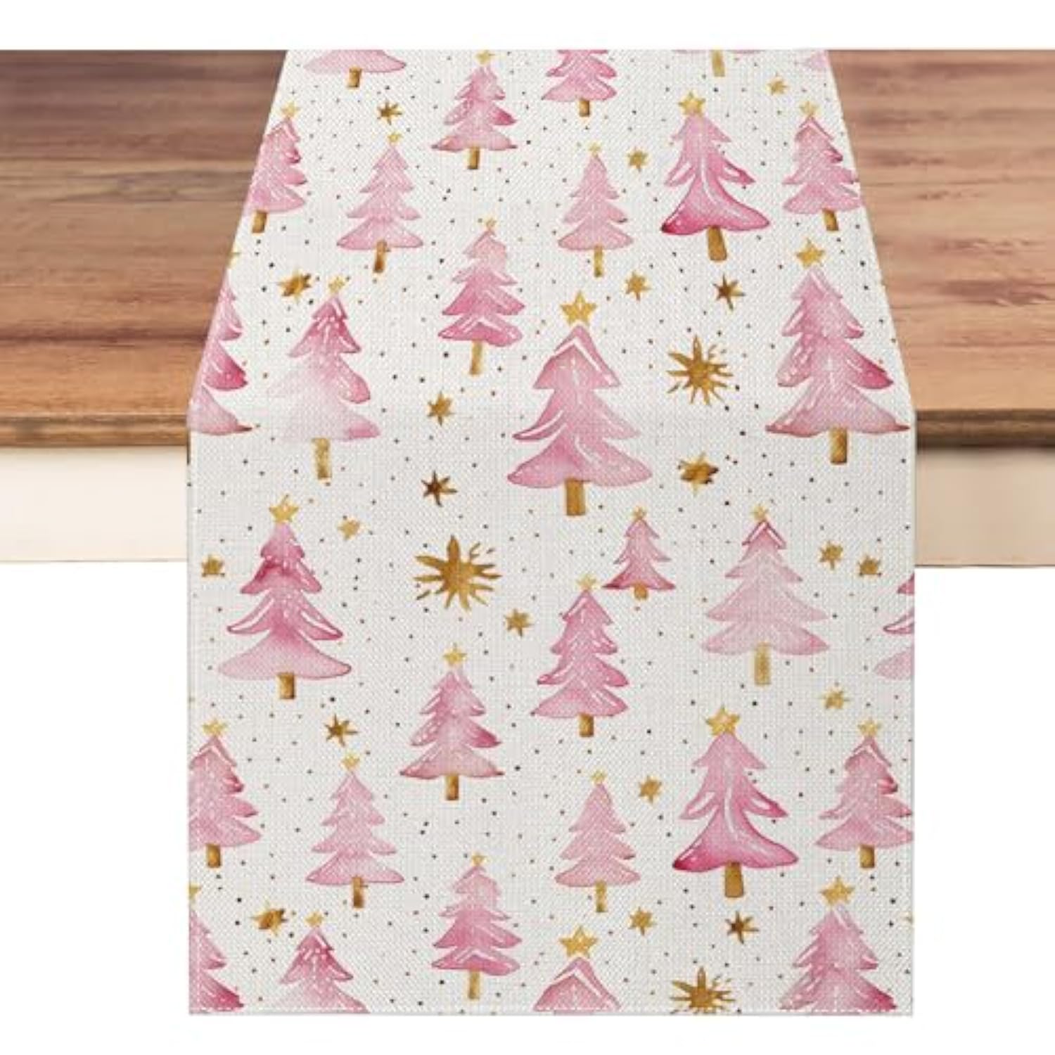 Christmas Table Runner 13X72 Inch, Pink Merry Christmas Trees Table Decors For Seasonal Winter Xmas Holiday Farmhouse Home Kitchen Dining Party