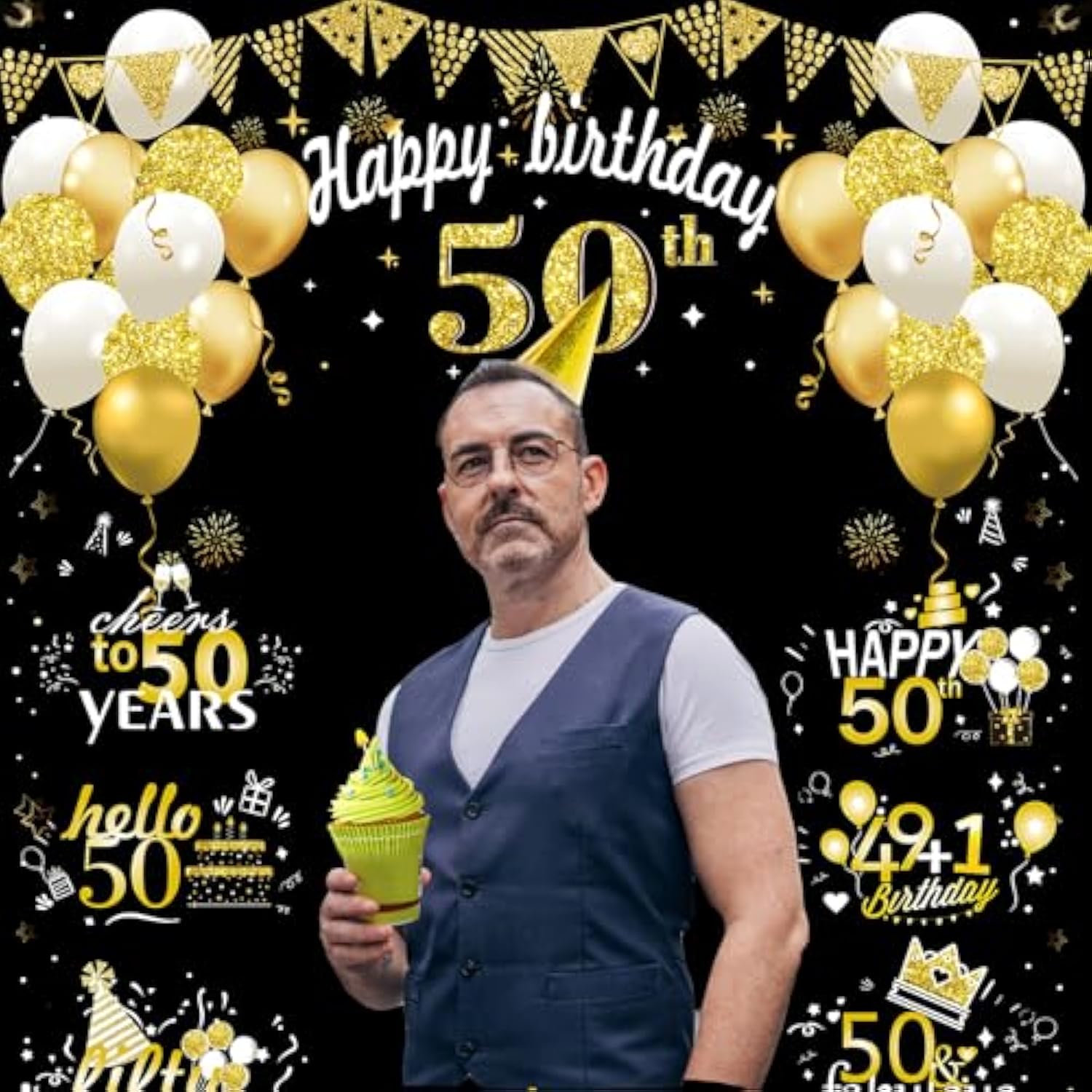 Large 50th Birthday Banner - Black & Gold Funny Fifty Party Props for Indoor/Outdoor