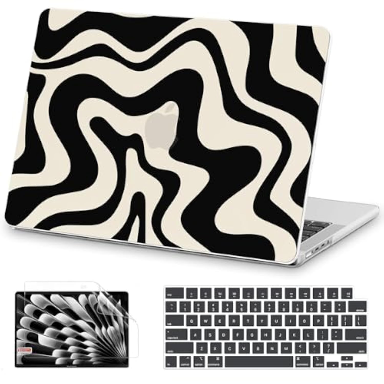 Compatible With Macbook Pro 14 Inch Case 2025-2021 M4 M3 M2 M1 Pro Max A3112 A3185 A3401 A2918 A2992 A2779 A2442, Unique Pattern Laptop Shell Case + Screen Protector + Keyboard Cover, Black Wave