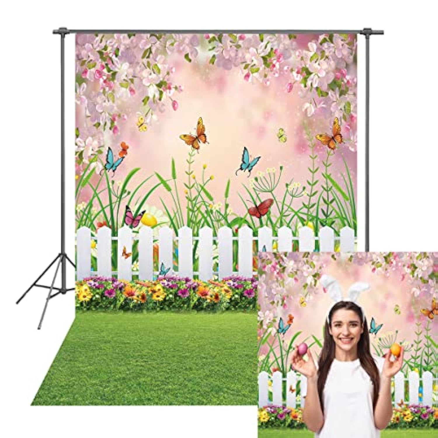 Spring Easter Garden Photography Backdrop Green Grass Lawn Floral Butterfly Fence Baby Shower Birthday Party Decorations Banner (5X7Ft)