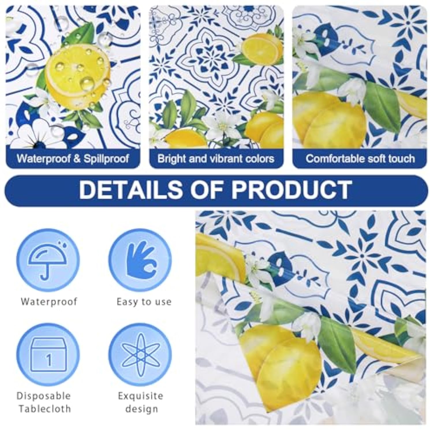 3 Pcs Lemon Tablecloth Disposable Blue Tile Plastic Table Covers Lemon Decor For Baby Shower Italian Themed Party Decorations Supplies 54 X 108 Inch
