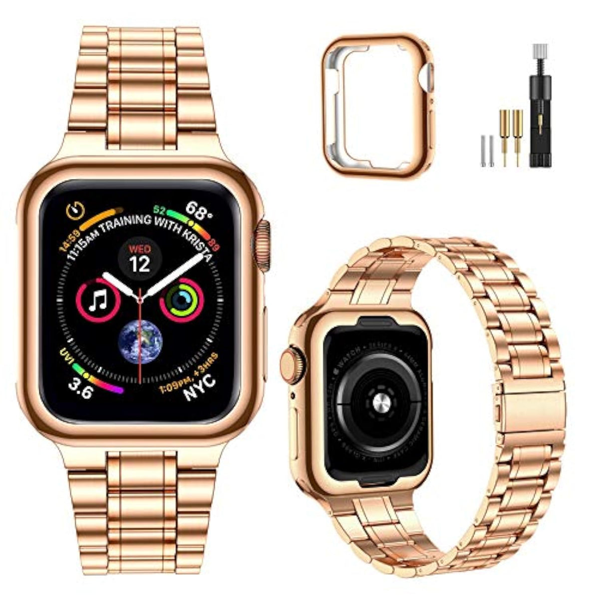Solid Stainless Steel Bands Compatible With Apple Watch 38Mm 40Mm 41Mm, Metal Strap With Soft Tpu Case For Iwatch Bands Series 9 8 7 6 5 4 3 2 1 Se Se2 Se3 Women And Men, Rose/Gold