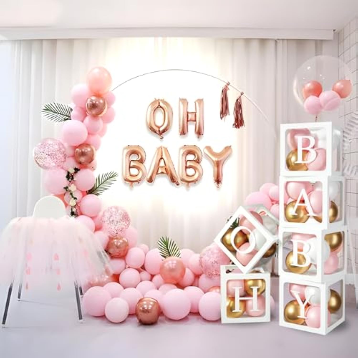 Baby Boxes With Letters For Baby Shower, 6Pcs Transparent Boxes With 2 Set Of A-Z+B Letter And 45Pcs Balloons For Girl Baby Shower Decoration, Birthday Party Block, Bridal Shower Decor Backdrop