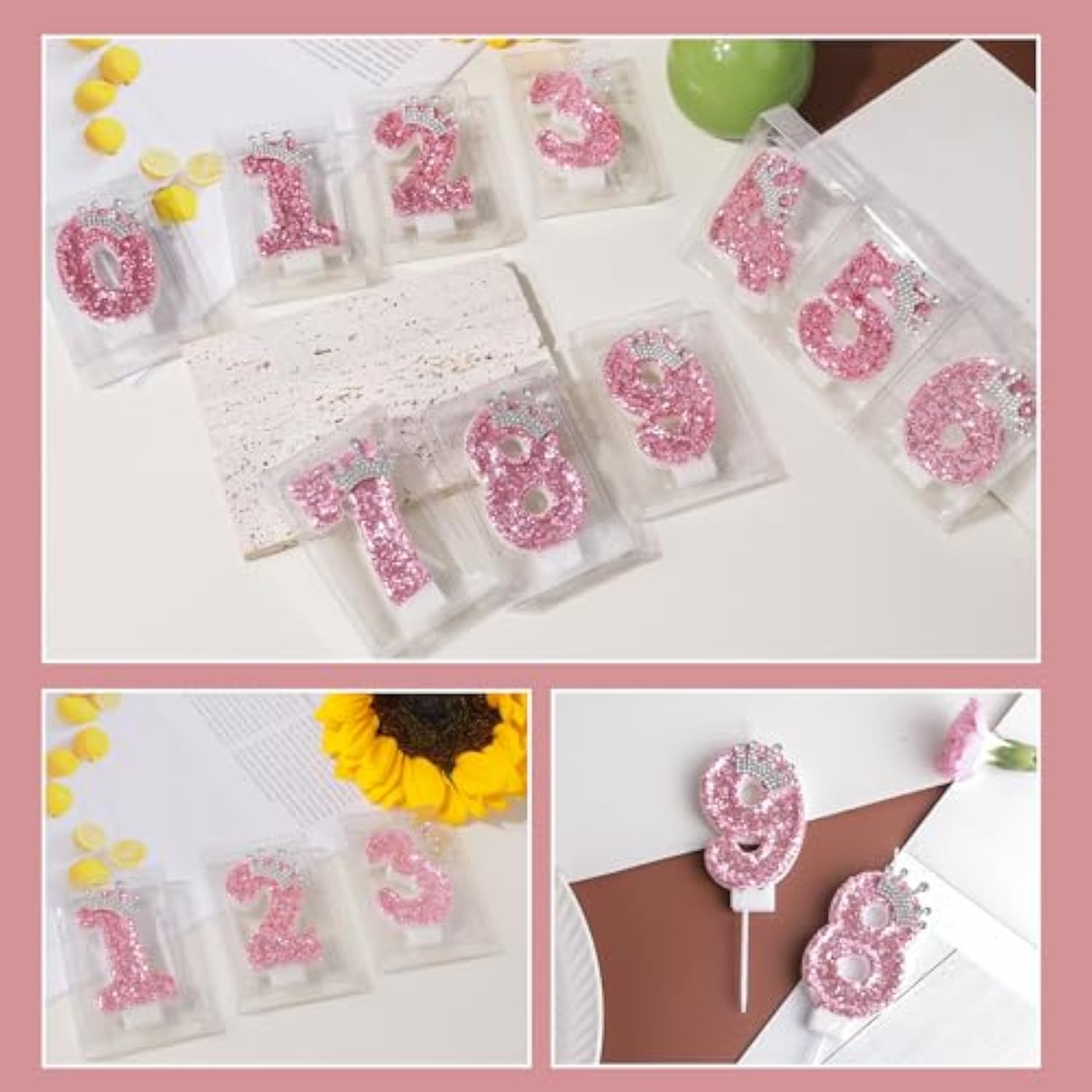 Birthday Number Candles,Pink Crown Birthday Candles For Cake,Glitter Number 9 Candle Cake Topper With Sequins For Girls,Women, Anniversary Celebrations Supplies (Pink 9)