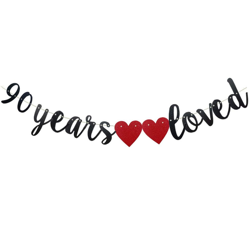 90 Years Loved Banner,Pre-Strung, Black Paper Glitter Party Decoration