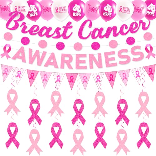 44 Pcs Breast Cancer Awareness Decorations Banner Balloons Hanging Swirls