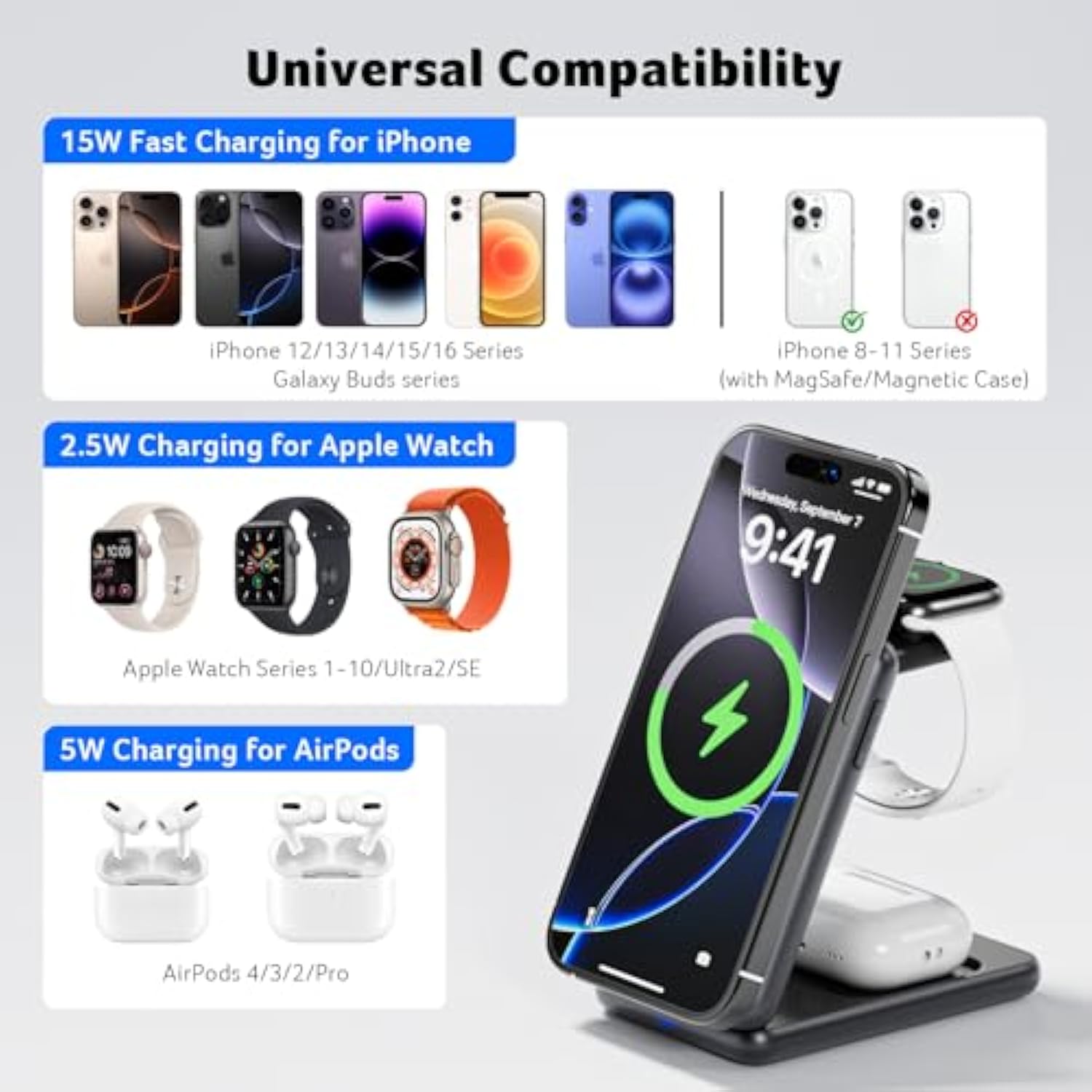 Magnetic Wireless Charger, 3 In 1 Wireless Charging Station, 15W Fast Magsafe Charger For Iphone 16 15 14 13 12 Series -Apple Watch 10 9 8 7 6 5 4 3 2 Se And Ultra Series-Airpods 4 3 2 Pro Series