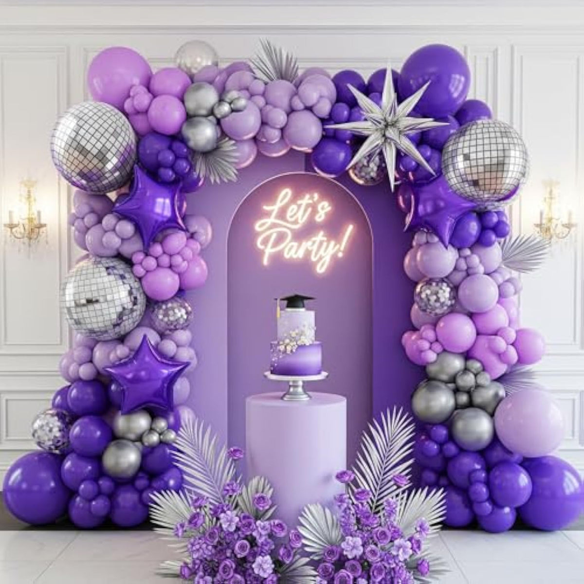 Dark Purple And Silver Balloon Garland Kit 138Pcs – Light Lilac Lavender Starburst And Disco Balloons For 2025 Graduation Party Decorations Girl’S Sweet 15/16 Anniversary Celebration
