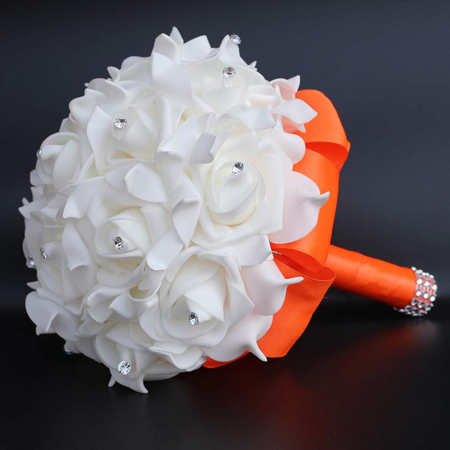 Wedding Bouquet, Orange Bouquet For Bride Bridesmaid With Diamond Soft Ribbons, Artificial Rose Bridal Holding Flowers For Party Church