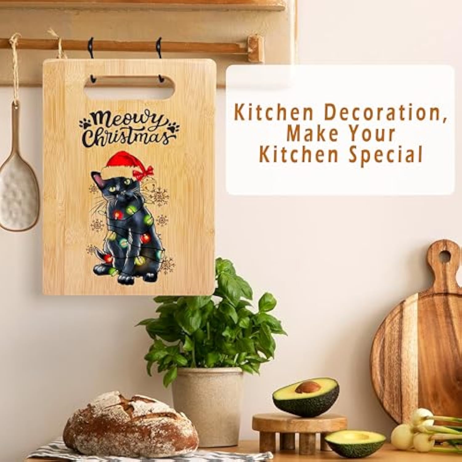 Black Cat Meowy Cutting Board - Merry Christmas Bamboo For Kitchen