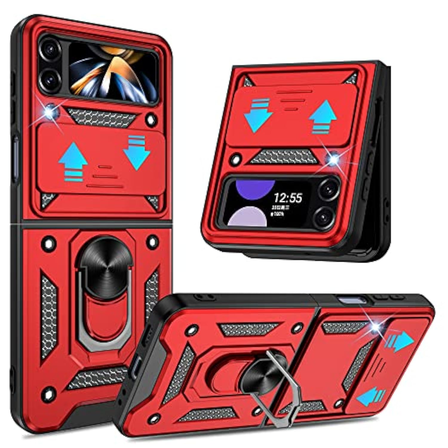 For Samsung Galaxy Z Flip 4 Case With Slide Camera Cover, 360°Rotation Ring Kickstand [Military Grade] Case For Samsung Galaxy Z Flip 4,Red