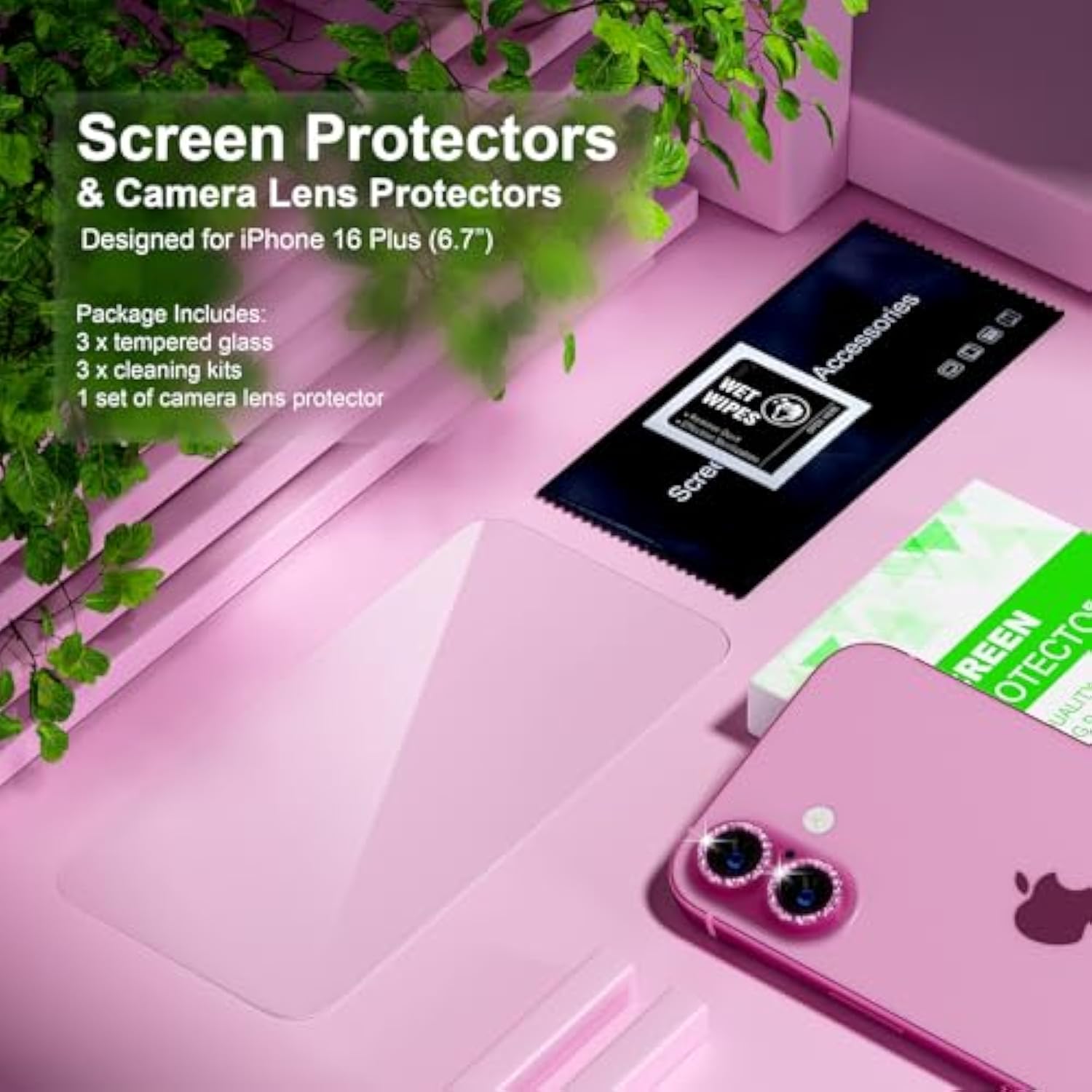 3 Pack For Iphone 16 Plus Screen Protector 6.7" [9H Tempered Glass] [Bubble Free] [Military Grade Protection] & 1 Set Of Glitter Camera Lens Protector - Pink