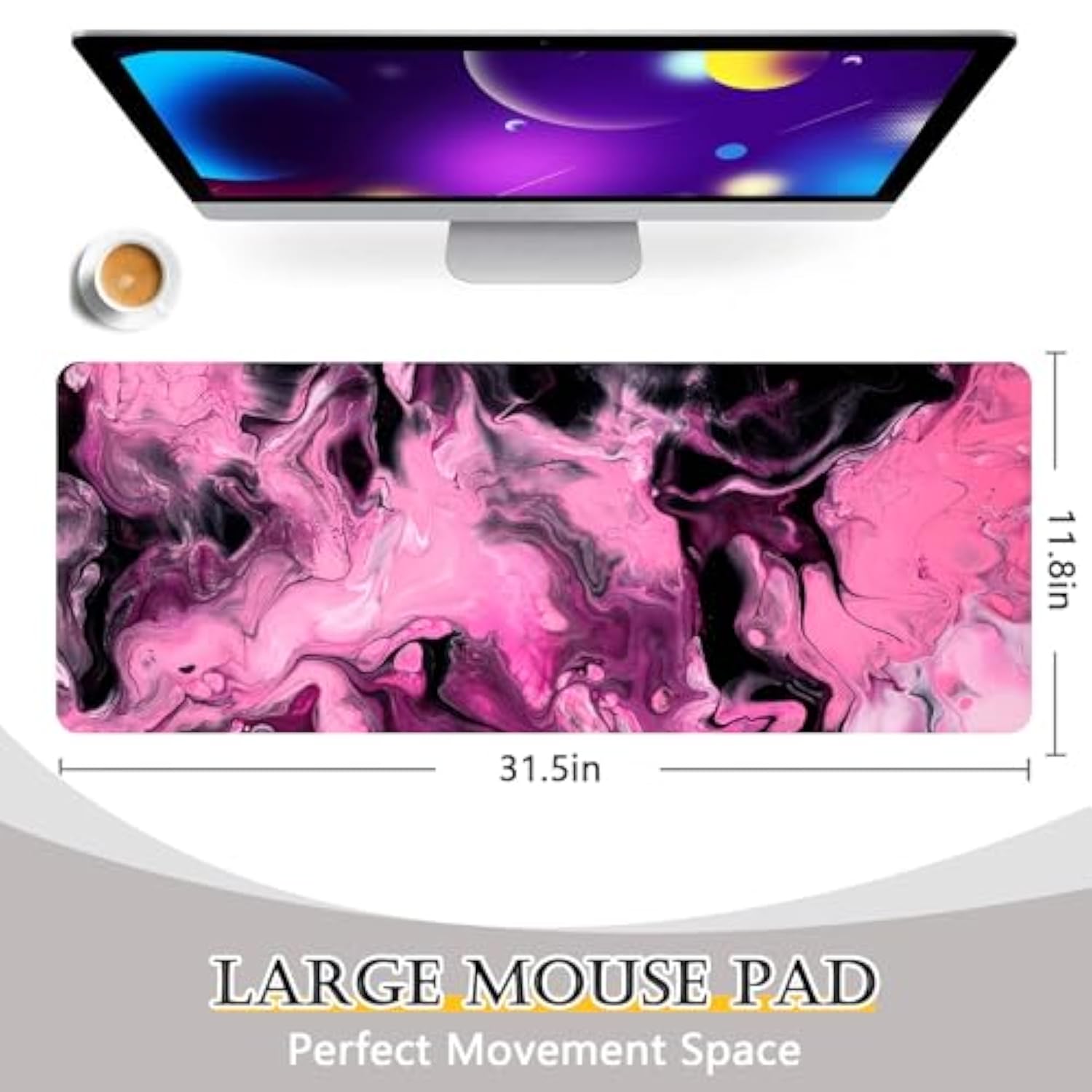 Large Gaming Mousepad 31.5 X 11.8 In Mouse Mat Xl Long Desk Pad Durabla Non-Slip Rubber Surface Stain-Resistant Easy To Clean Pink Black Fluid For Officer And Gamers