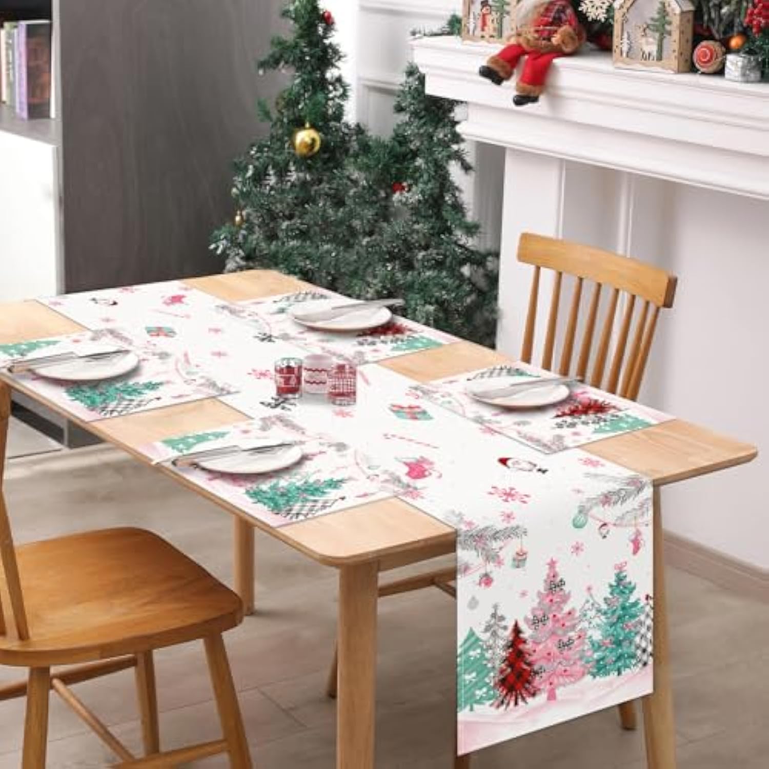 Merry Christmas Tree Table Runner 13X72 Inch Pink Green Xmas Trees Snowflakes Pine Branch Winter Holiday Kitchen Dining Table Decoration For Indoor Outdoor Home Party Décor