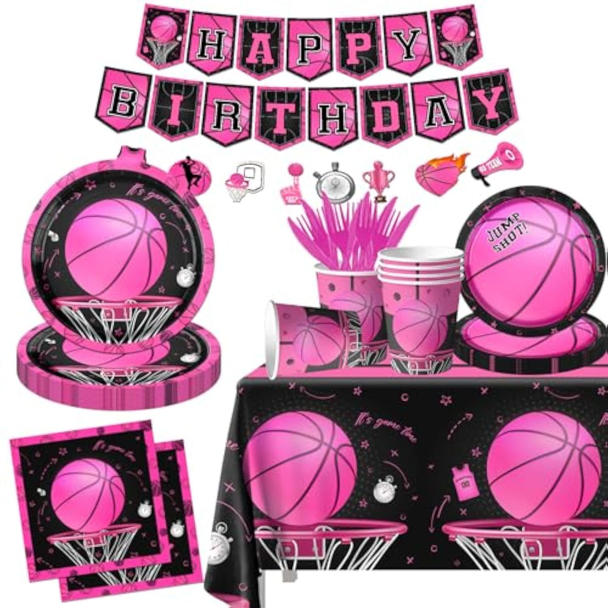Basketball Party Decorations, 142Pcs Pink Basketball Birthday Party Decorations Tableware Include Plates And Napkins,Cups,Banner,Tablecloth For Girls Boys Sports Theme Birthday Party Supplies