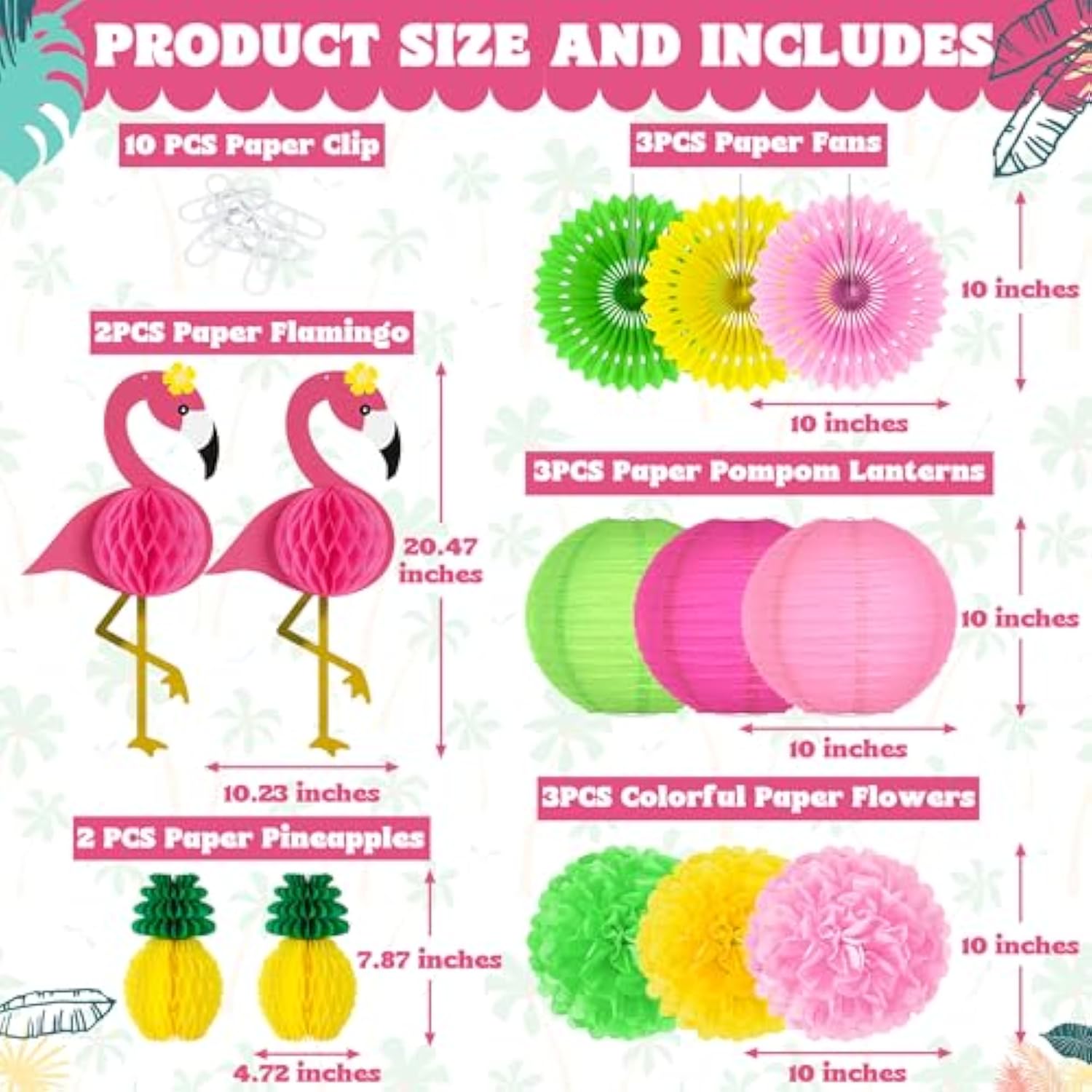 13Pcs Hawaiian Party Decorations, Luau Party Decorations, Flamingo And Pineapple Honeycomb Paper Flowers Fans And Ball Lanterns For Summer Tropical Beach Party Decorations Supplies Favors