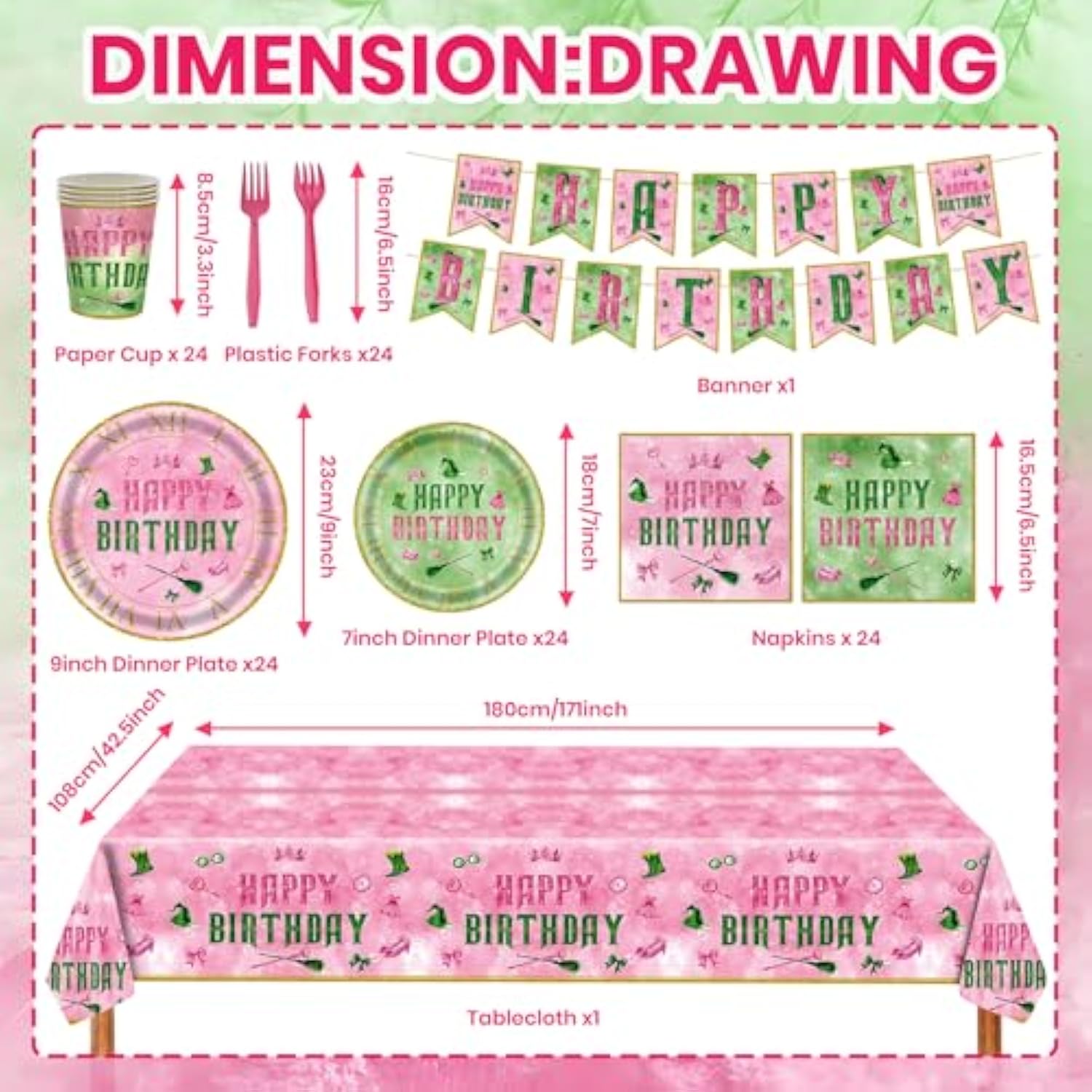 122Pcs Wicked Party Supplies Pink And Green Birthday Party Decorations Witch Party Decorations Tableware Set Wicked Plates And Napkins,Banner,Tablecloths,Cups For 24 Guests