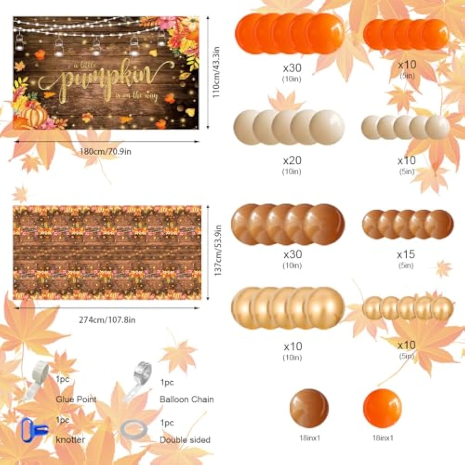 Pumpkin Baby Fall Balloon Arch Kit with Rustic Banner Backdrop for Autumn Party