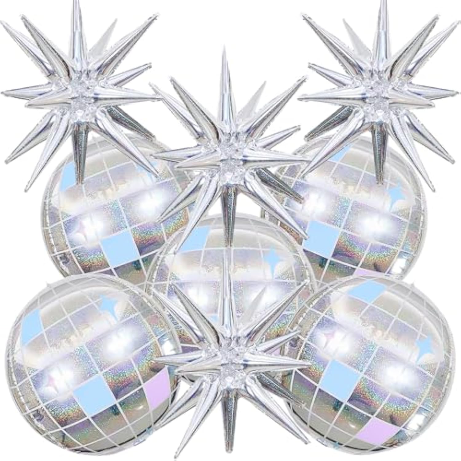 9Pcs Disco Ball Balloons Iridescent,22Inch Glitter Silver 4D Large Foil Disco Balloons With Explosion Star Balloon For Birthday Bachelorette 70S 80S 90S Disco Theme Party Decorations
