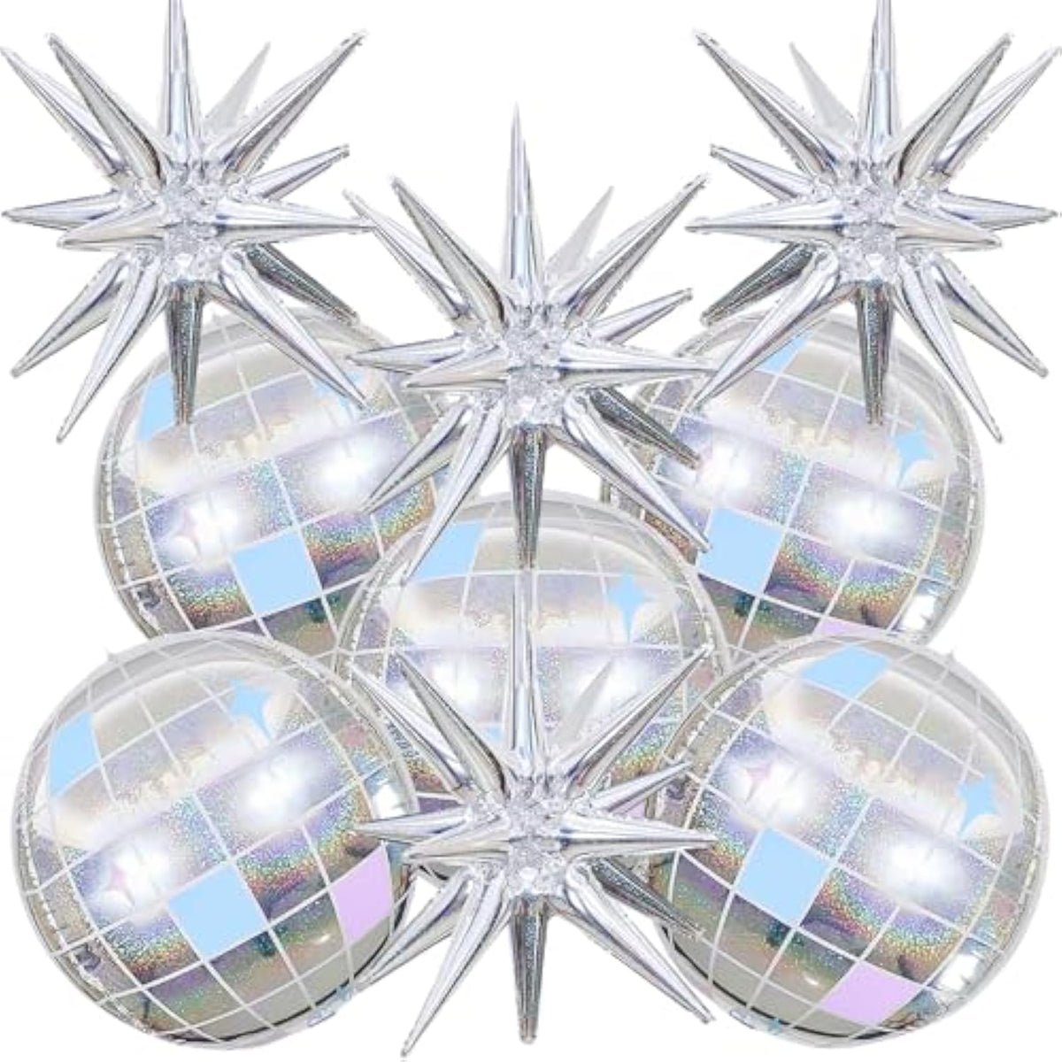 9Pcs Disco Ball Balloons Iridescent,22Inch Glitter Silver 4D Large Foil Disco Balloons With Explosion Star Balloon For Birthday Bachelorette 70S 80S 90S Disco Theme Party Decorations
