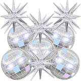 9Pcs Disco Ball Balloons Iridescent,22Inch Glitter Silver 4D Large Foil Disco Balloons With Explosion Star Balloon For Birthday Bachelorette 70S 80S 90S Disco Theme Party Decorations