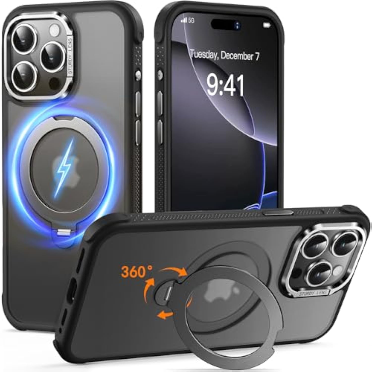 Magnetic For Iphone 15 Pro Case, Military Drop Protection, Compatible With Magsafe, Slim Translucent Matte Shockproof Protective Phone Case With 360° Spin Stand 6.1", Black